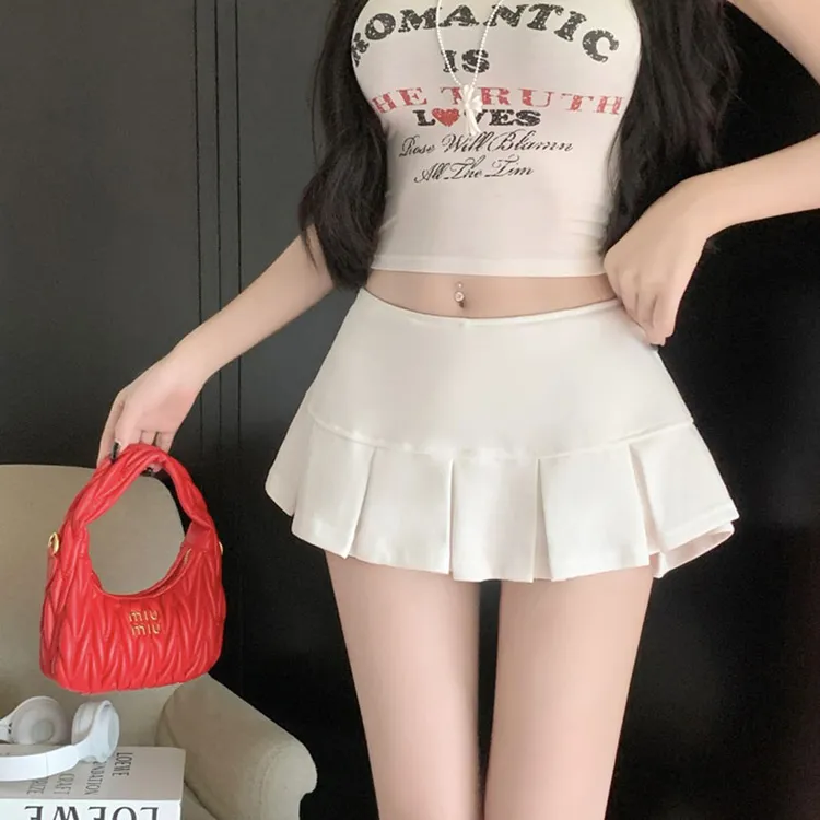 夏季新款时尚甜辣妹风低腰显瘦短款运动百搭防走光a字百褶半身裙 