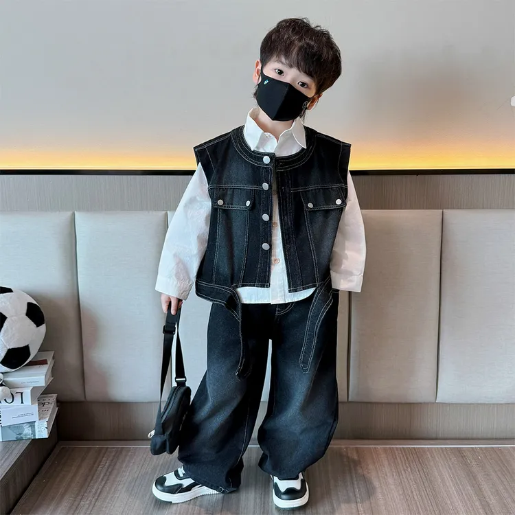 男童春秋套装2025新款大童潮酷马甲衬衫牛仔裤三件套男孩时尚衣服