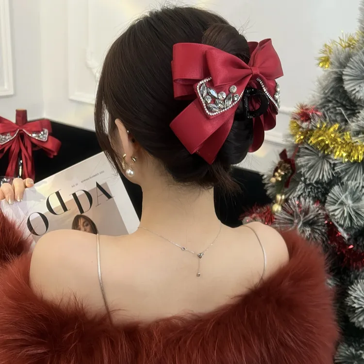 2025高级感喜庆红色多层蝴蝶结抓夹女时尚轻奢后脑袋盘发鲨鱼夹