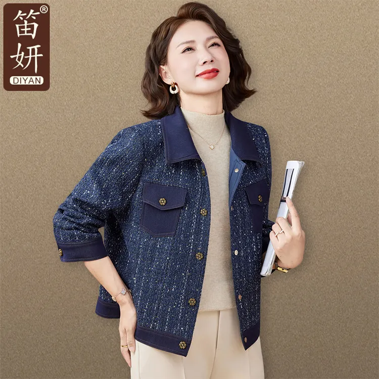 妈妈秋装2025新款小香风外套中老年女装春秋洋气翻领牛仔夹克上衣