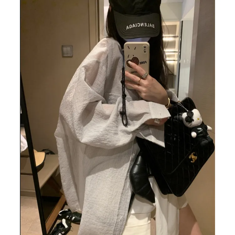 POLO领慵懒风休闲暗条纹防晒衬衫女中长款外套夏宽松长袖空调衫
