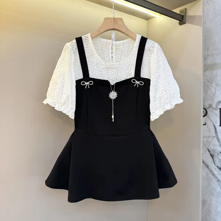 法式复古甜美假两件收腰设计小衫胖妹妹显瘦小众短袖上衣692