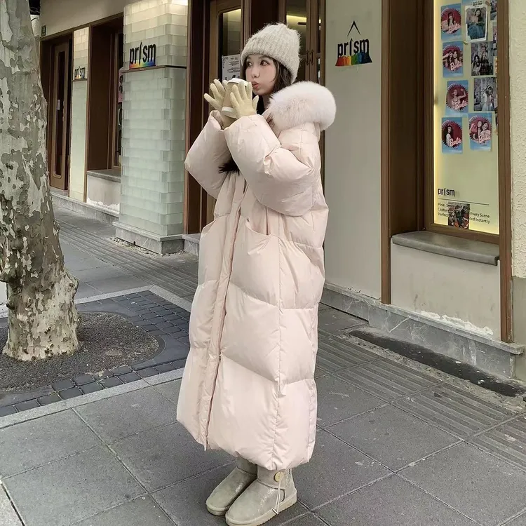 温柔大姐姐大毛领粉色棉服加厚保暖宽松大码棉服连帽中长款韩版