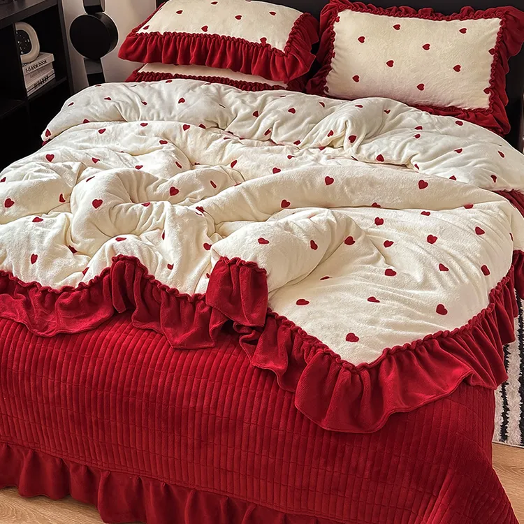法式公主风牛奶绒四件套床盖款冬季加厚法兰绒珊瑚绒花边被套床单