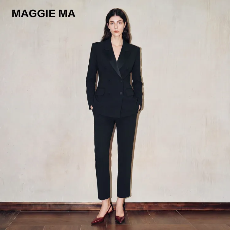 MAGGIE MA马婧设计师款丝缎戗驳领收腰切斯特西装套装226C/243P