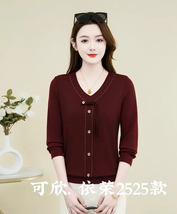 2025早秋新款国风纽扣净色春季女打底衫纯色简单洋气大方款