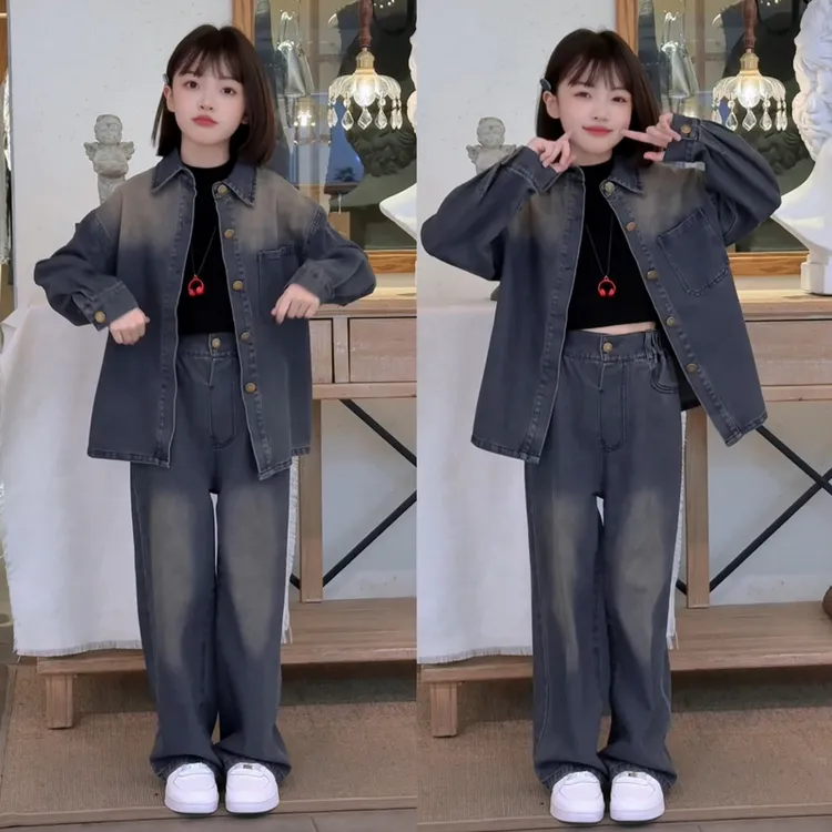 女童秋季新款洋气时尚怀旧衬衫牛仔套装女孩潮范秋装
