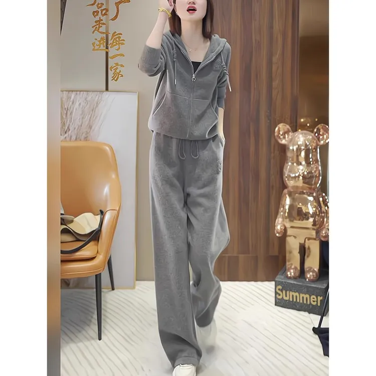灰色减龄显瘦连帽卫衣穿搭一整套潮宽松套装女2025高级感时尚洋气