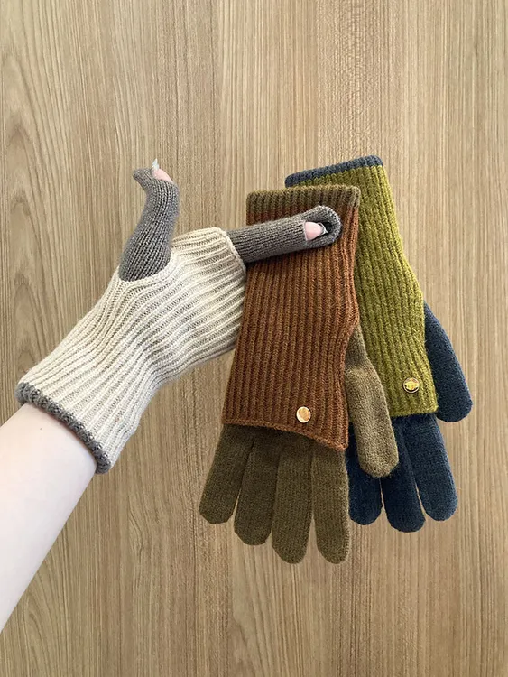 美拉德两用拼色针织毛线手套女士冬季露指可触屏保暖护腕骑行学生