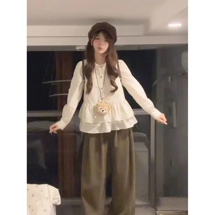 秋季服装版型少女风波点针织衬衫白色时尚百搭衬衣