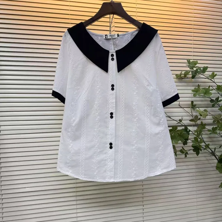 甜美拼接条纹设计绣花通勤T恤大码女装显瘦遮肚子2025夏季新款爆