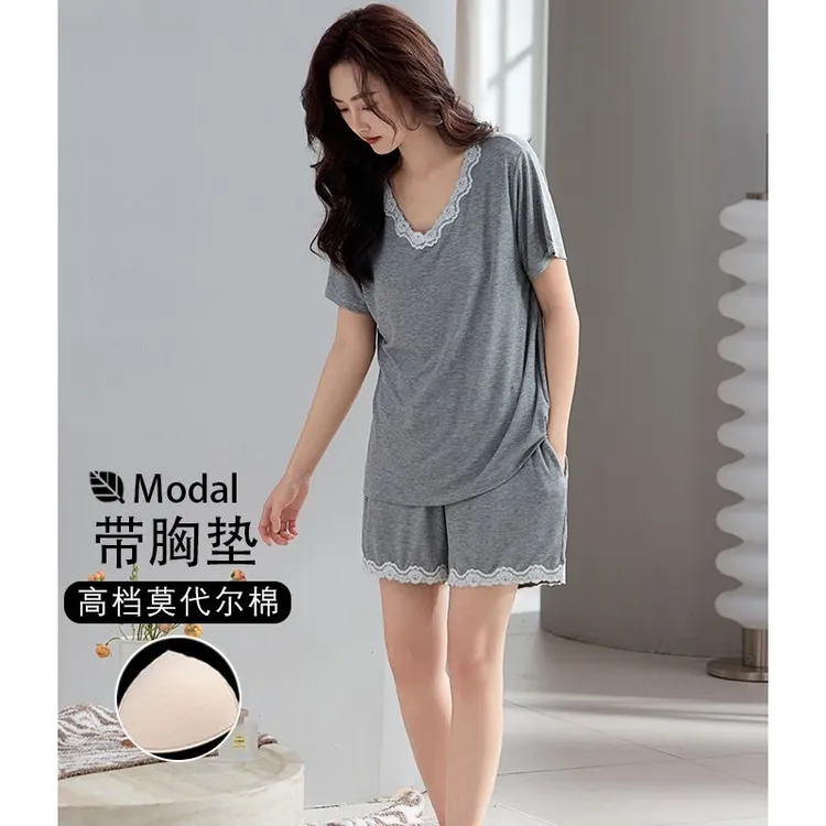 莫代尔睡衣女夏季薄款带胸垫一体凉感夏天休闲大码冰丝套装家居服