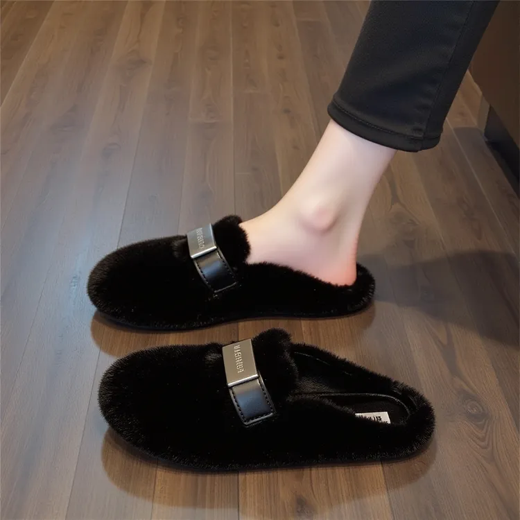 黑色法式包头毛毛拖鞋女秋冬2025新款外穿毛茸茸半拖鞋平底孕妇鞋