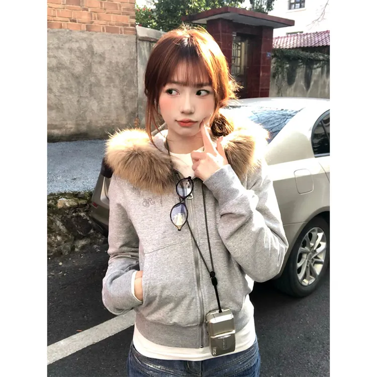 美式复古连帽卫衣开衫女早秋可拆卸毛领外套修身显瘦慵懒风上衣潮