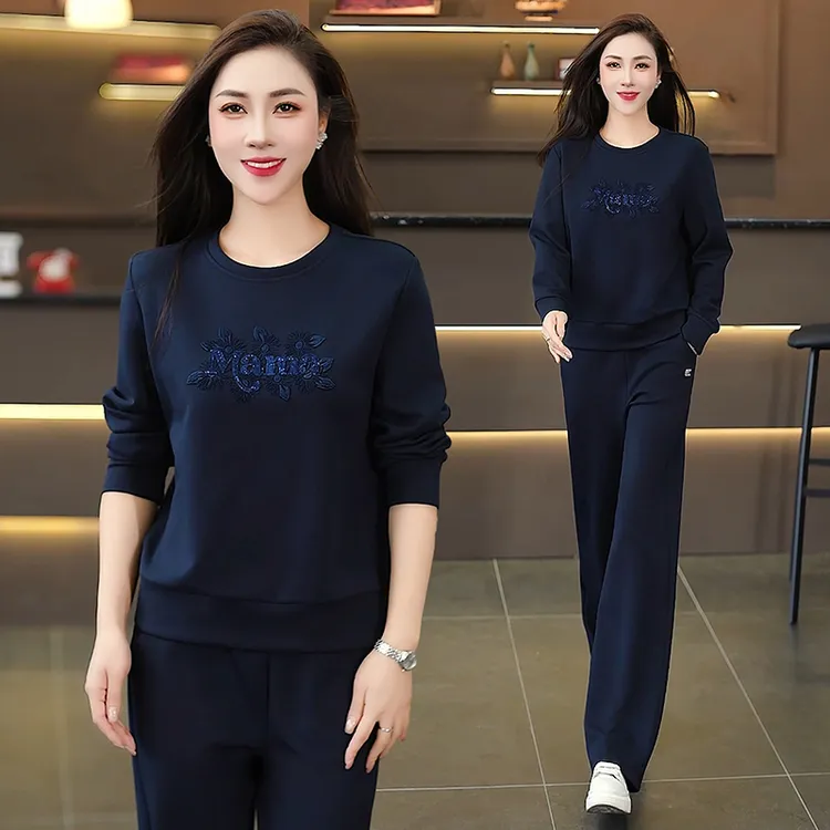 气质春秋款洋气绣花圆领女装卫衣两件套舒适直筒裤韩版显瘦套装潮