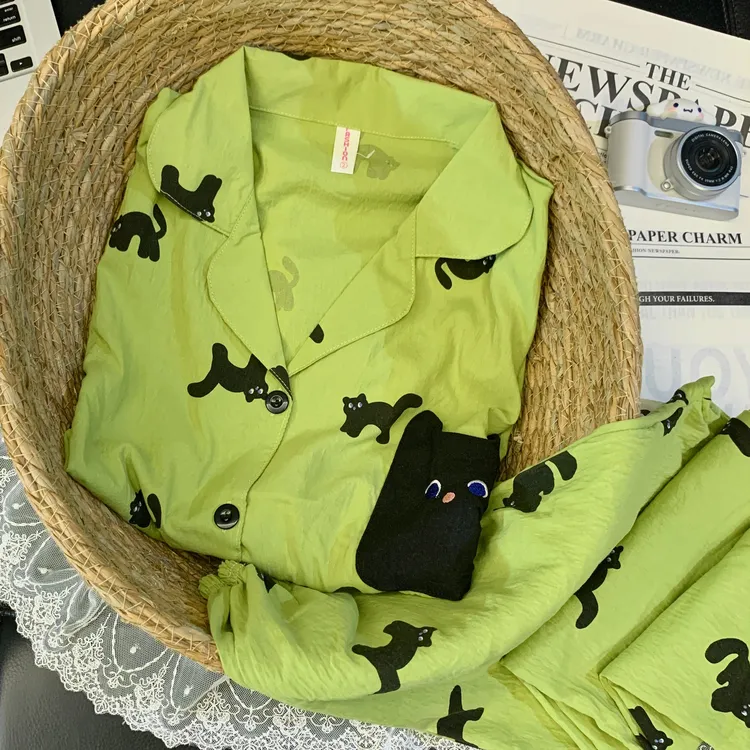 【绿色喵喵】春秋云朵绵绿色长袖青春卡通ins黑猫睡衣女家居服套装