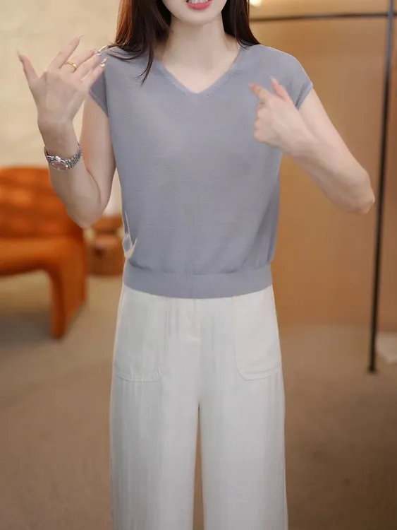 天丝夏季薄款休闲百搭V领短袖T恤女2025新款宽松显瘦纯色针织上衣