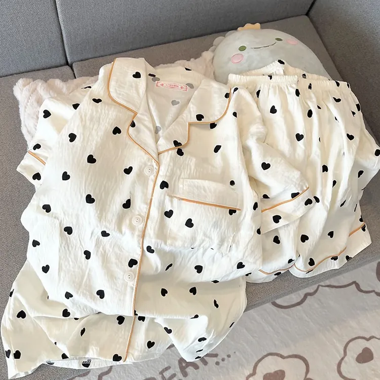 睡衣女云朵棉夏季短袖短裤宽松甜美爱心可外穿家居服两件套装夏天