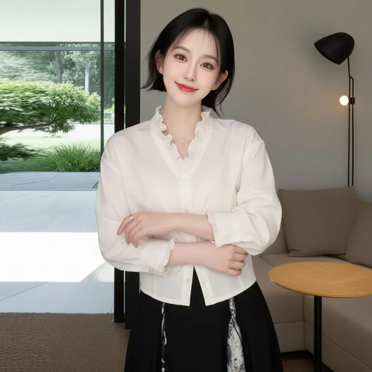 白色木耳边V领长袖衬衫女2025秋季新款轻奢高级感减龄洋气上衣潮