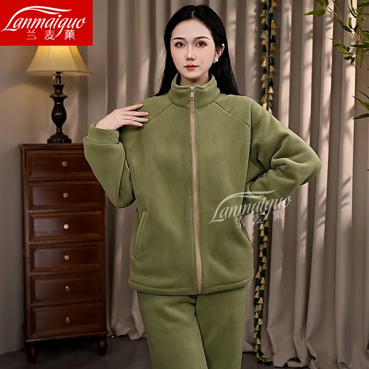 兰麦菓【海豚绒】冬季新款加绒睡衣女简约立领加厚保暖家居服可外穿