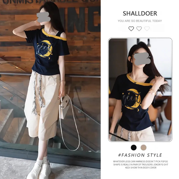 撞色假两件斜肩领时尚百搭短袖T恤女2025年夏季新款通勤潮流上衣