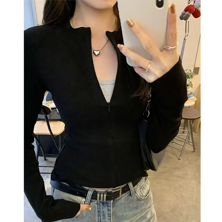 秋冬新款韩版拉链百搭长袖T恤显瘦女修身抗起球双面绒上衣7151