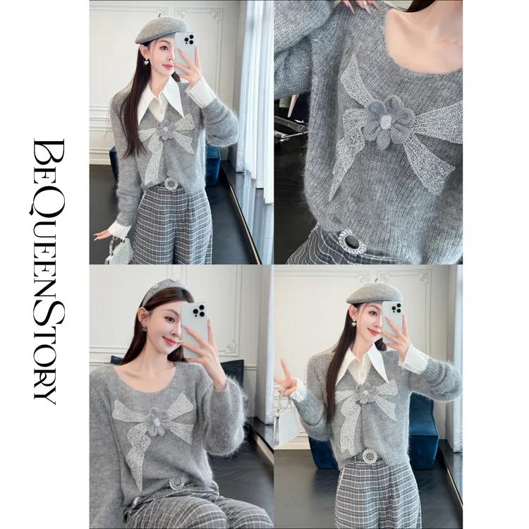 余潇潇【维纳斯甜心】马海毛绵羊毛混纺立体花朵蝴蝶结圆领落肩毛衣