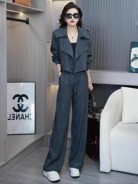 0333早春新款扎染风衣短款外套上衣高腰直筒阔腿裤气质显瘦两件套