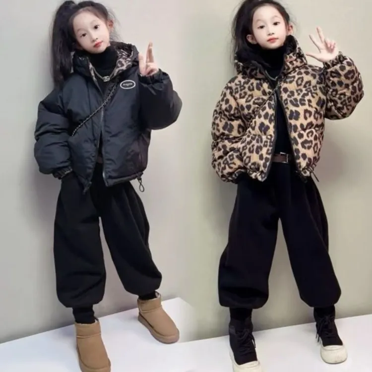 女童棉衣套装2025秋冬新款儿童豹纹两面穿连帽棉服韩版外套三件套