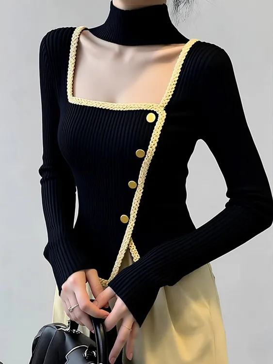 慵懒风秋冬季新款漂亮复古软糯上衣独特高级感方领黑色针织衫毛衣