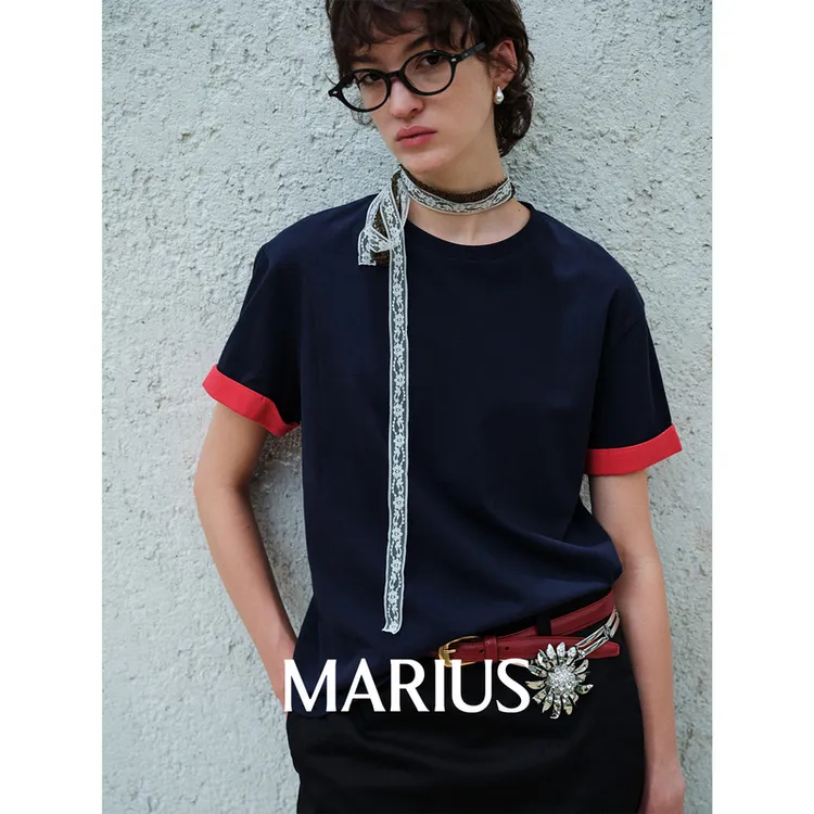 MARIUS"橡皮T2.0"经典撞色拼接袖口简约微落肩短袖T恤