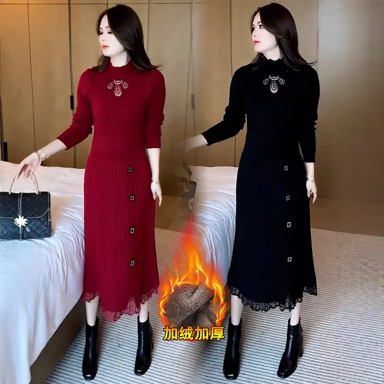 加绒加厚长款针织连衣裙女冬季新款时尚洋气配大衣打底毛衣裙