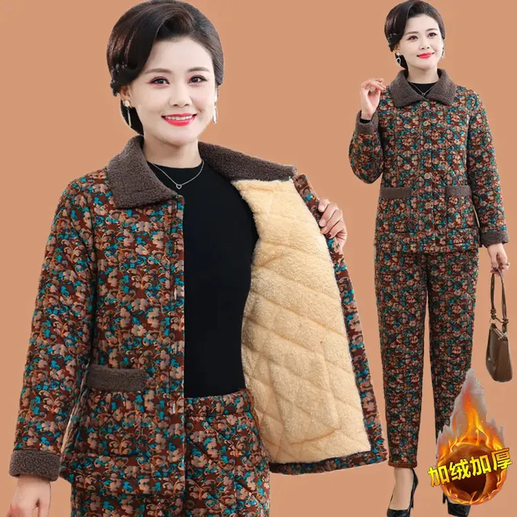 妈妈冬装棉衣棉裤套装中老年人女碎花棉服两件套奶奶加绒加厚睡衣