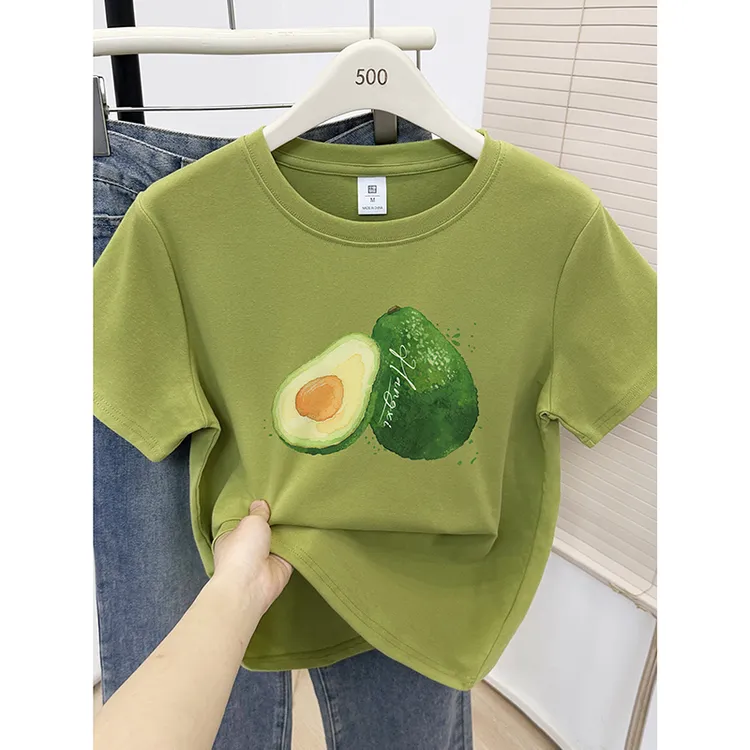 牛油果洋气印花大码胖MM正肩短袖t恤女2025夏季新款休闲百搭上衣