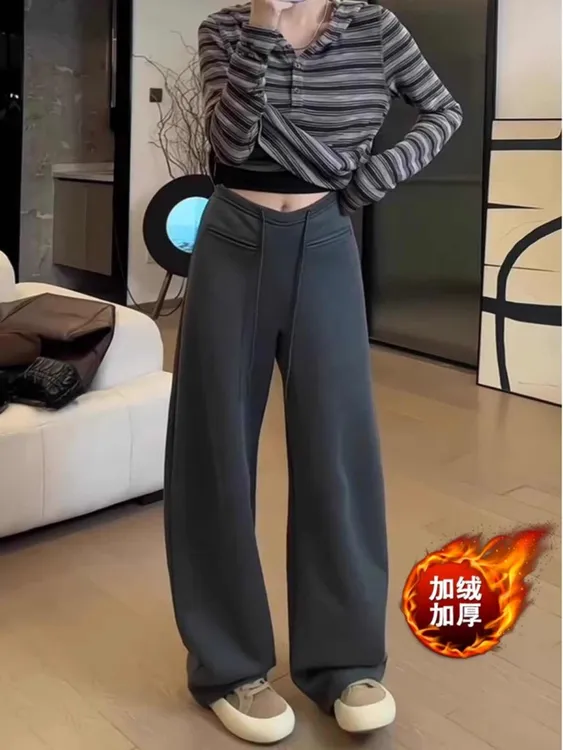 加绒抽绳弯刀卫裤女秋冬显瘦休闲裤