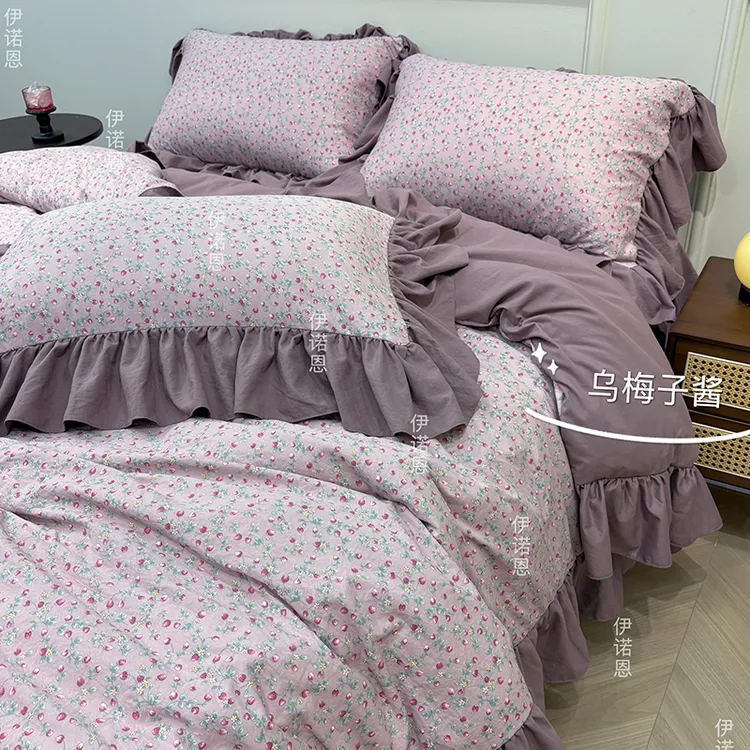 法式中古风四件套斜纹大花边荷叶边床单被套春秋加厚