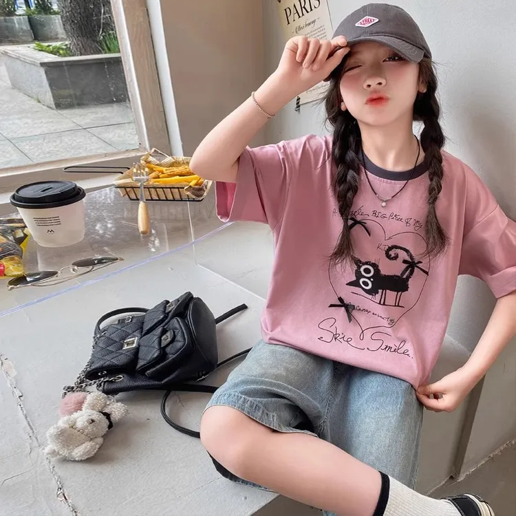 女童短袖T恤2025新款夏季洋气女大童夏装女孩网红短中袖夏款上衣t