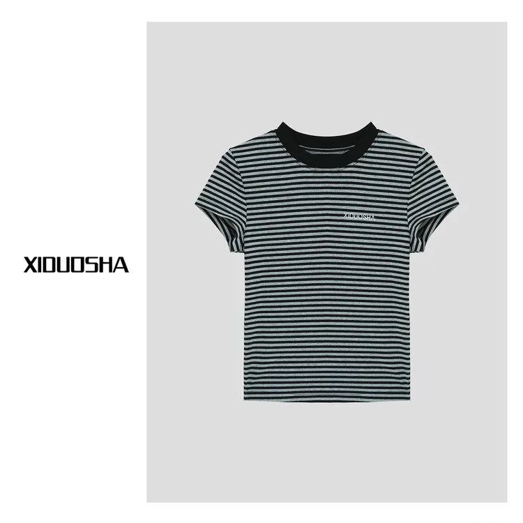 XIDUOSHA/喜朵莎春夏新品圆领细条纹百搭显瘦短袖T恤XDS1061