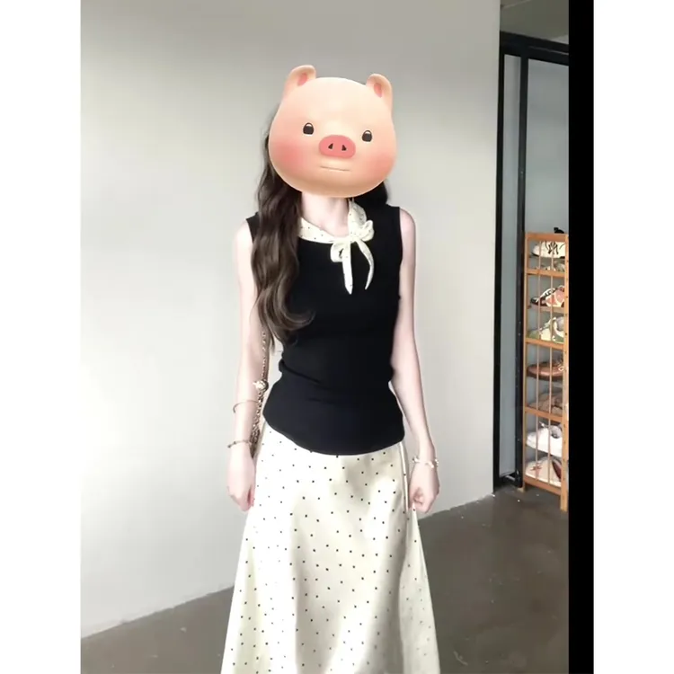 2025夏季新款女法式气质撞色修身无袖上衣百搭高腰显瘦波点半身裙