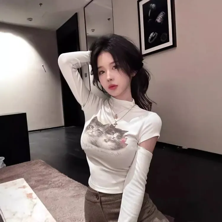 秋季新款纯欲甜辣妹风猫咪印花镂空半高领短款长袖女T