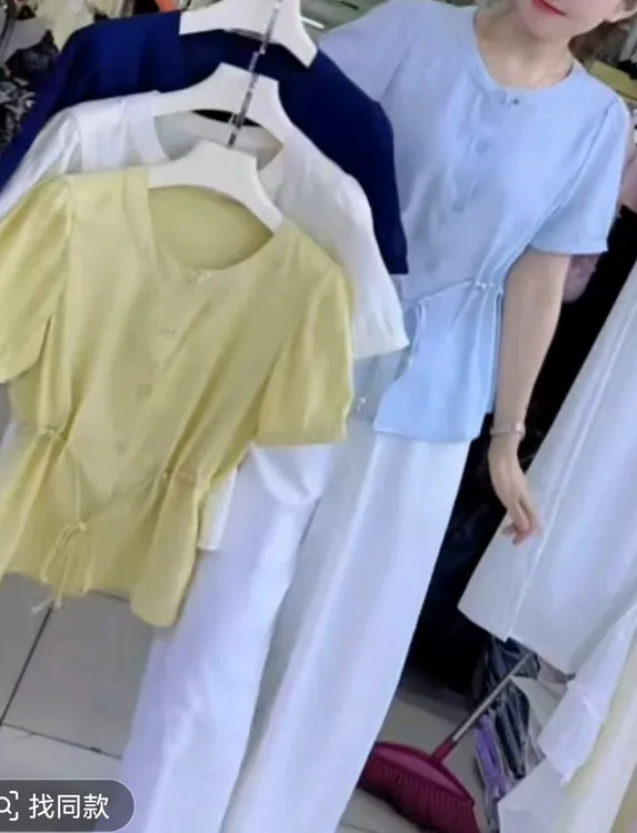 25078圆领短袖衬衫夏季新款系带收腰显瘦时尚百搭上衣气质洋气