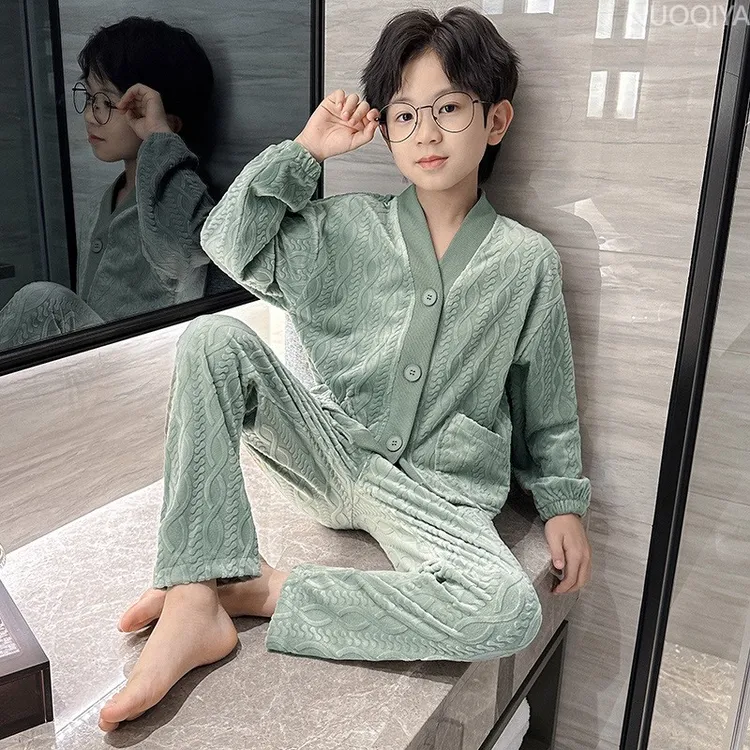 男童睡衣春秋款2025新款中大童珊瑚绒男孩秋装儿童长袖居家服套装