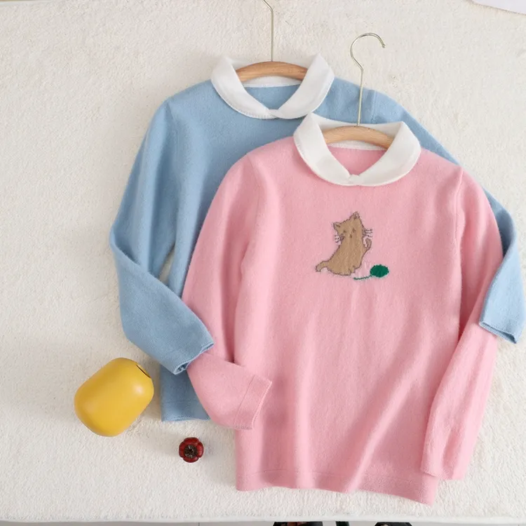 儿童100%纯羊毛衫女童娃娃领可爱猫咪提花中大童毛衣打底针织衫