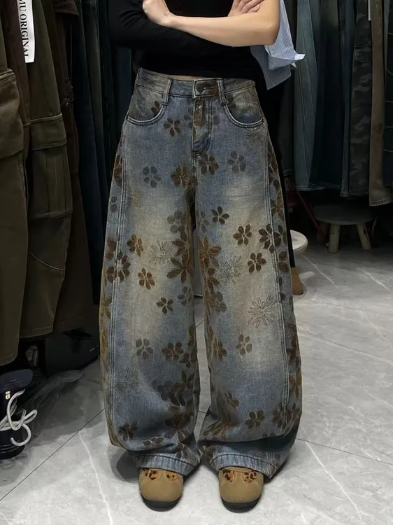 女提花丹宁风田园风阔腿裤牛仔裤水洗做旧高腰扎染