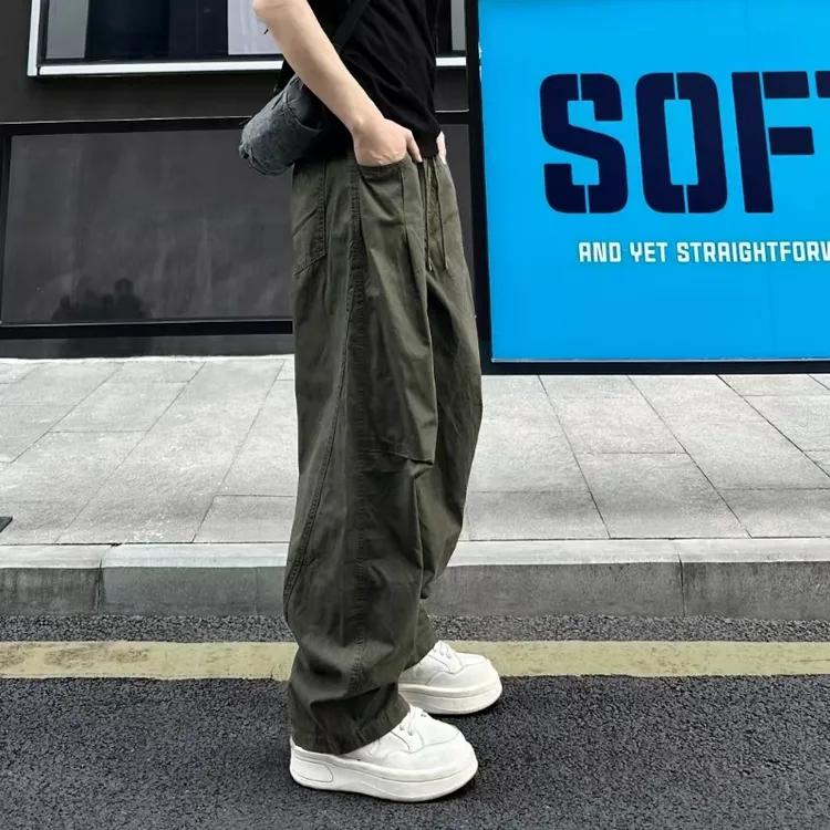 QUALCOMM军绿色秋季cleanfit拼接工装裤男款日系宽松直筒休闲长裤