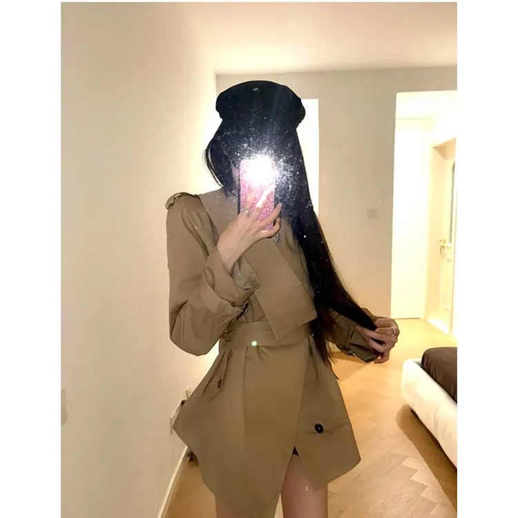 2025新款爆款长袖修身收腰卡其色风衣外套女小个子中长款大衣