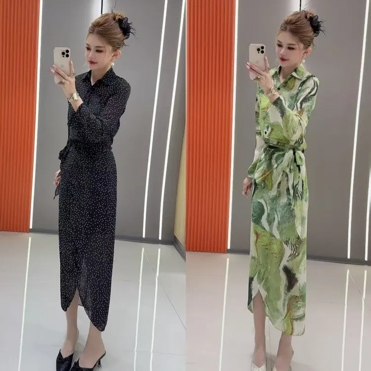 最新款0153 气质翻领透气网纱长袖上衣 加 系绳长裙 两件套