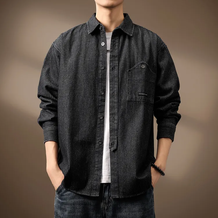 高级感条纹牛仔衬衫男2024秋季新款日系复古工装长袖通勤上衣外套