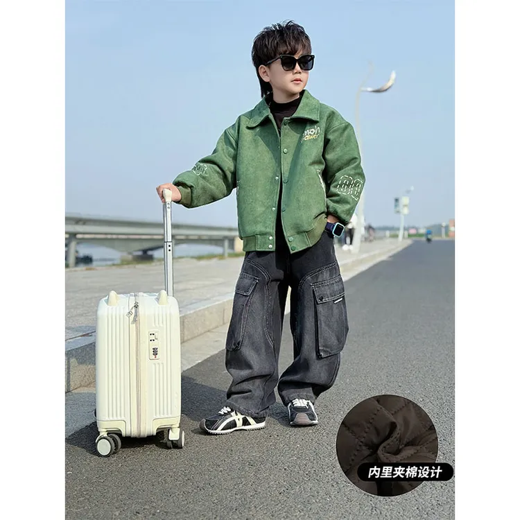 男童2025新款冬季夹棉字母绣花加厚翻领外套中大童休闲时尚棒球服