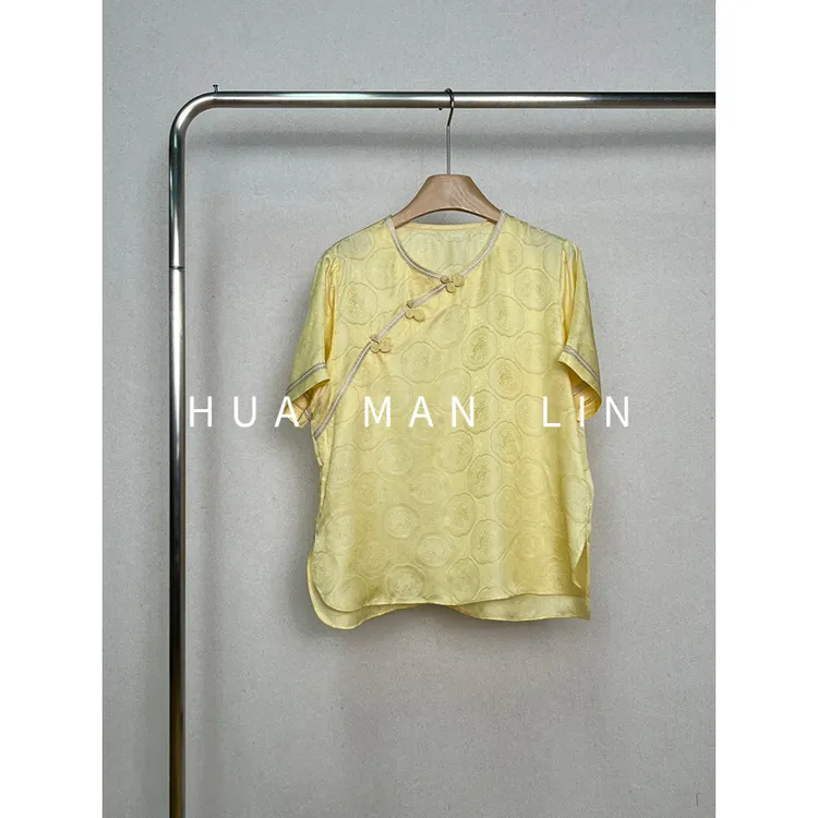 【花满林】圆领斜门襟撞色织带花罗真丝桑蚕丝短袖上衣259117